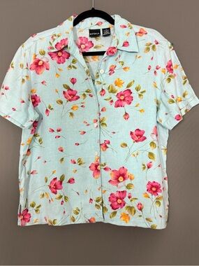 Erika Floral Linen Blend Button Up Top Blue Pink Short Sleeve Resortwear M